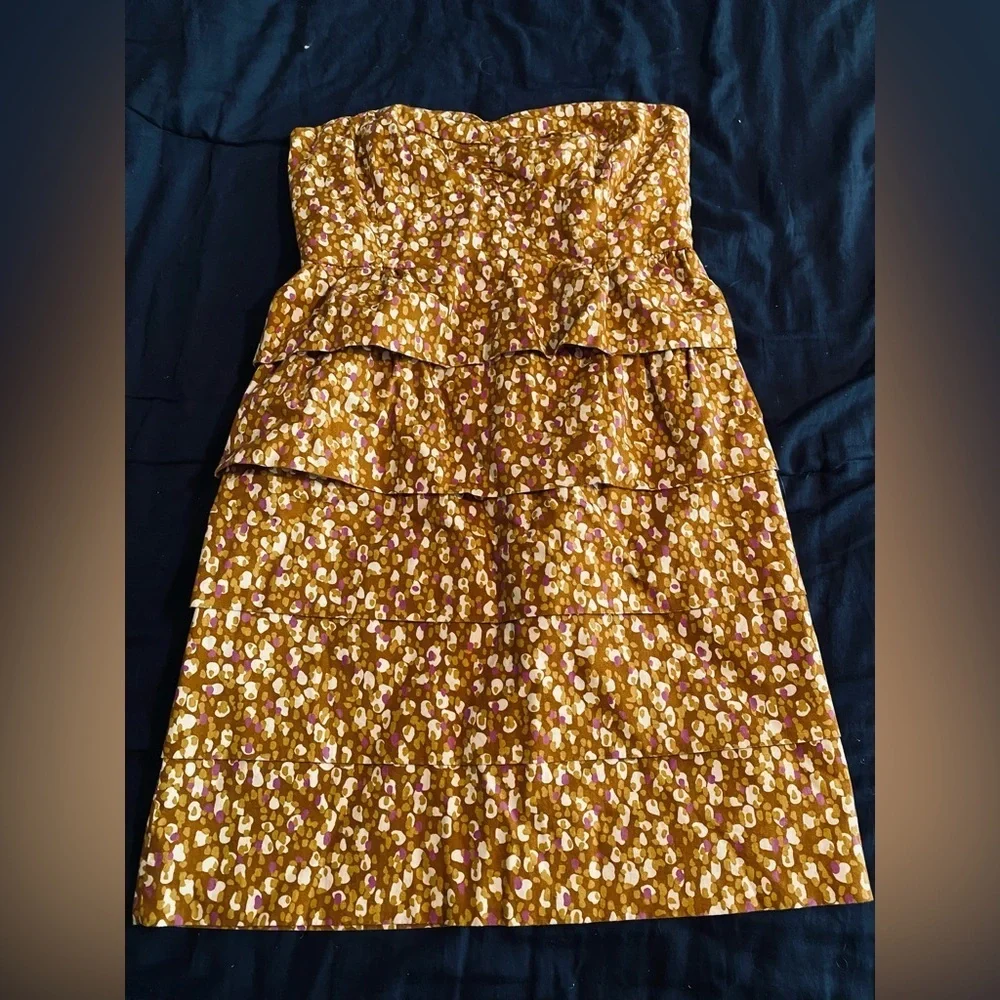 J. Crew Strapless Tiered Ruffle Sheath Cocktail Mini Dress in Brown and Purple - Picture 2 of 6